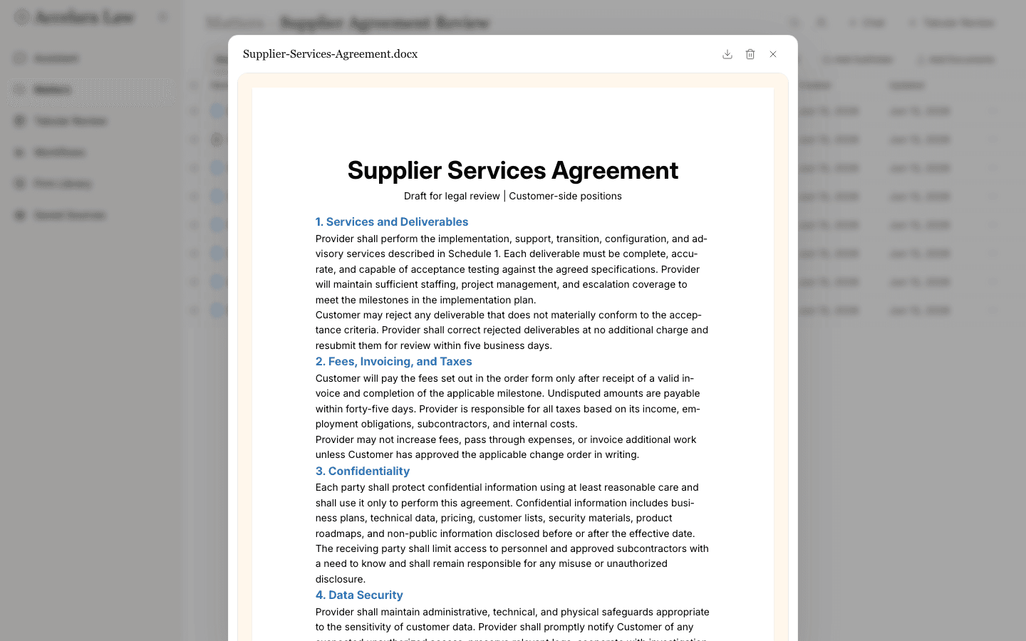 Accelara document review workspace showing a supplier services agreement